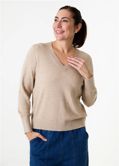 Cashmere Like Deep Cuff Fitted v Neck Jumper Stone