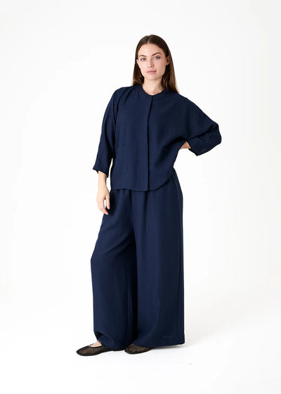 Ripple Grandad Collar Batwing Shirt Navy
