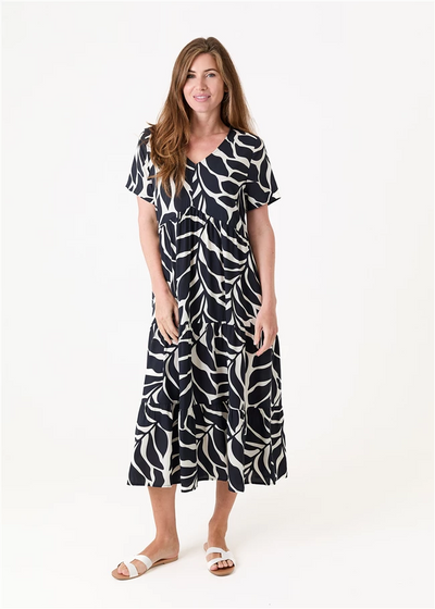 Mega Leaf Short Sleeve Tiered Dress Black/Ivory
