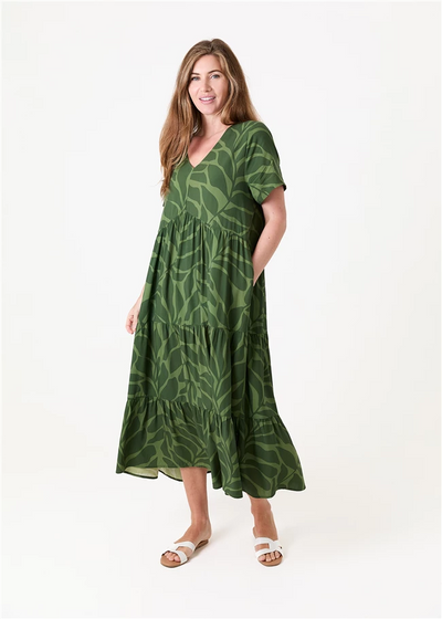 Mega Leaf Short Sleeve Tiered Dress Khaki