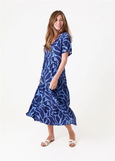 Mega Leaf Short Sleeve Tiered Dress Navy