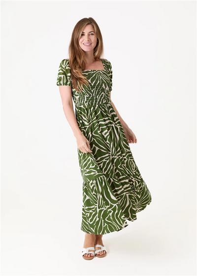 Mono Zebra Shirred Bodice Maxi Dress Khaki