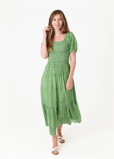 Mono Ditsy Shirred Bodice Maxi Dress Green