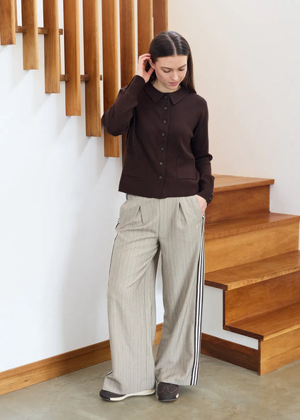 Pinstripe Pleat Front Wide Leg Trousers Mink