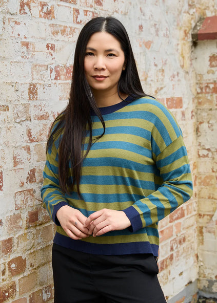 Cashmere Like Crew Neck Block Stripe Jumper Marine Blue