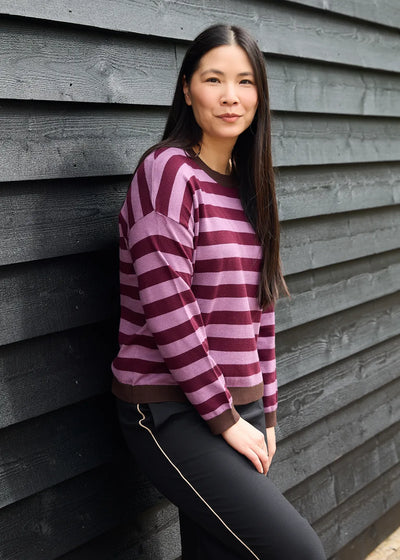 Cashmere Like Crew Neck Block Stripe Jumper Merlot