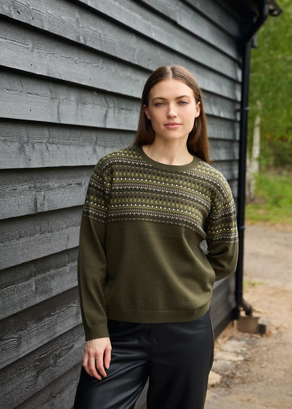 Cashmere Like Fairisle Crew Neck Jumper Forest