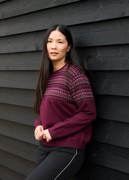 Cashmere Like Fairisle Crew Neck Jumper Merlot