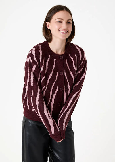 Zebra Jacquard Crew Neck Cardigan Berry