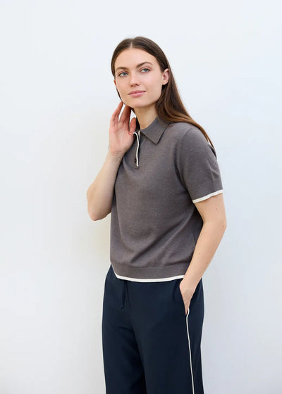 Cashmere Like Short Sleeve Knitted Polo Shirt Pebble Stone