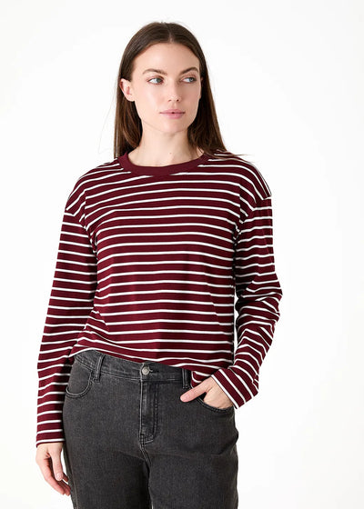 Stripe Crew Neck Long Sleeve T-Shirt Merlot