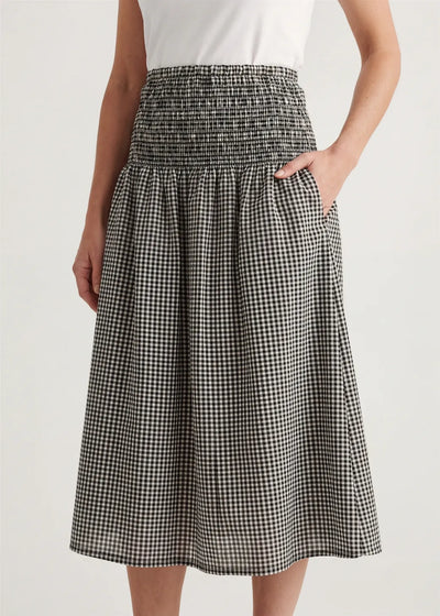 Gingham Check Shirred Skirt Black