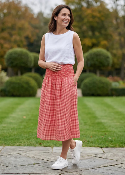 Gingham Check Shirred Skirt Coral
