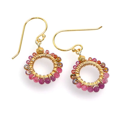 Handcrafted Gemstone & Crystal Earrings – 18K Gold-Plated 925 Silver Hooks Dark Pink : Garnet & Pink Tourmaline