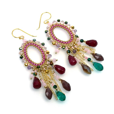 Handcrafted Gemstone & Crystal Earrings – 18K Gold-Plated Dark Pink