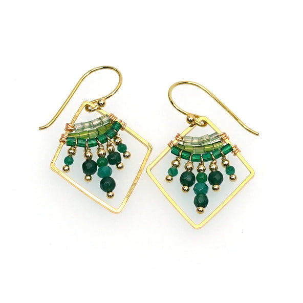 Handcrafted Gemstone & Crystal Earrings – 18K Gold-Plated Green Onyx, Jade, Crystals