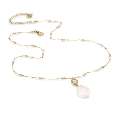 Handcrafted Gemstone Necklace with 18K Gold Plating Cream Necklace - Rose Quartz, Sunstone, Cat's eye, Crystals
