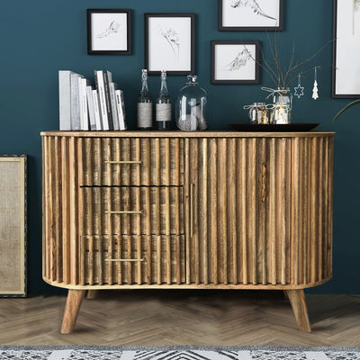1 Door 3 Drawer Ribbed Sideboard Mango Wood. D45 x W118 x H80 cm