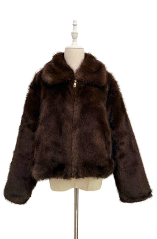 Brown Teddy Faux Fur Zip Up Jacket