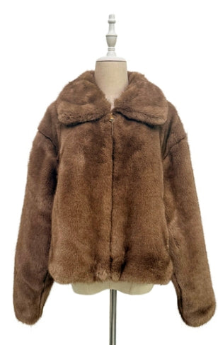 Coffee Teddy Faux Fur Zip Up Jacket