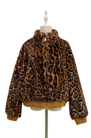 Camel Leopard Print Ribbed Trim Jacket