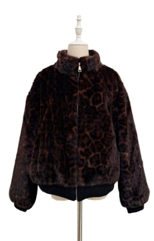 Brown Leopard Print Ribbed Trim Jacket
