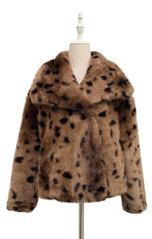 Deer Brown Luxe Faux Fur Coat with Shawl Collar