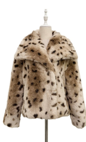 Leopard Cream Luxe Faux Fur Coat with Shawl Collar