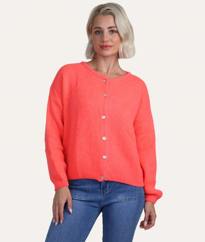 Alpaca Knit Button Through Cardigan Neon Coral