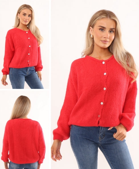 Alpaca Knit Button Through Cardigan Strawberry Red