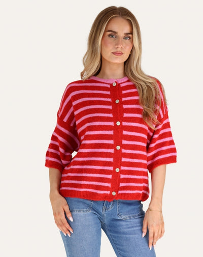 Striped Baby Alpaca Cardigan Short Sleeve Pink/Red
