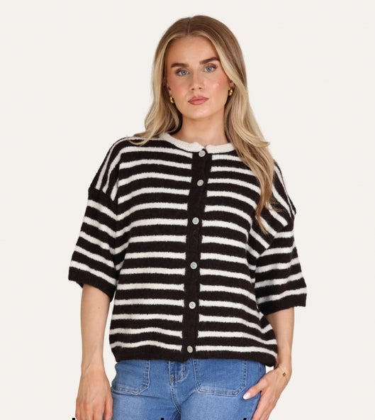 Striped Baby Alpaca Cardigan Short Sleeve Chocolate/Cream