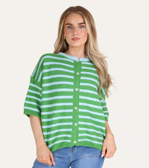 Striped Baby Alpaca Cardigan Short Sleeve Green/Blue