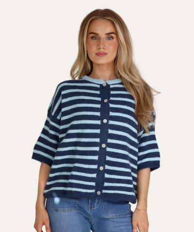 Striped Baby Alpaca Cardigan Short Sleeve Navy/Blue
