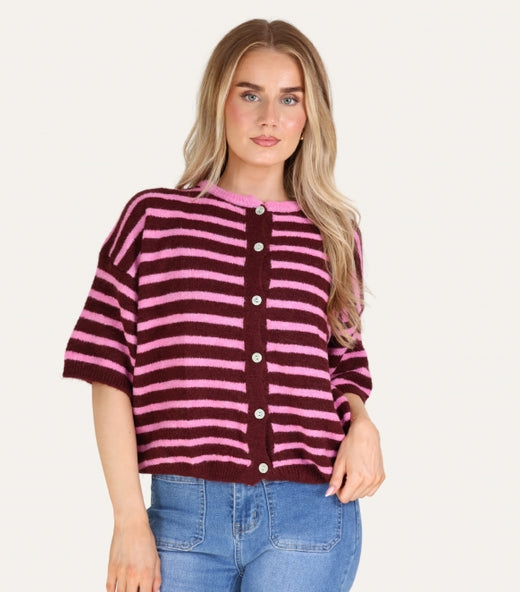 Striped Baby Alpaca Cardigan Short Sleeve Pink/Burgundy