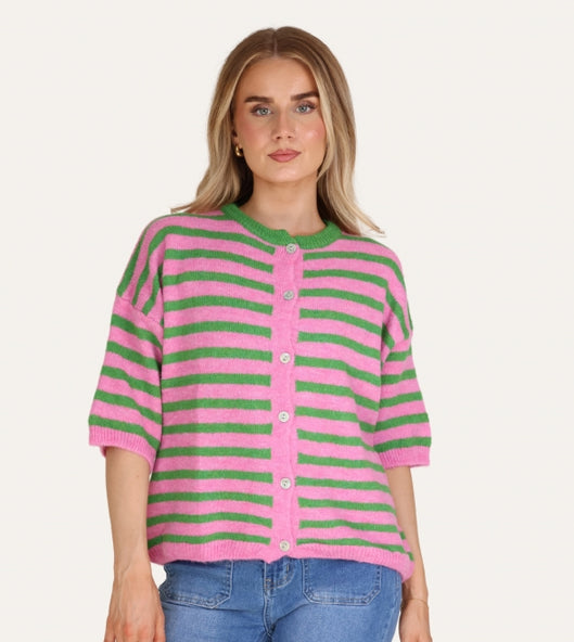 Striped Baby Alpaca Cardigan Short Sleeve Pink/Green