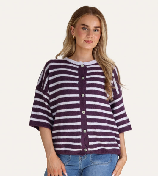 Striped Baby Alpaca Cardigan Short Sleeve Prune/lilac
