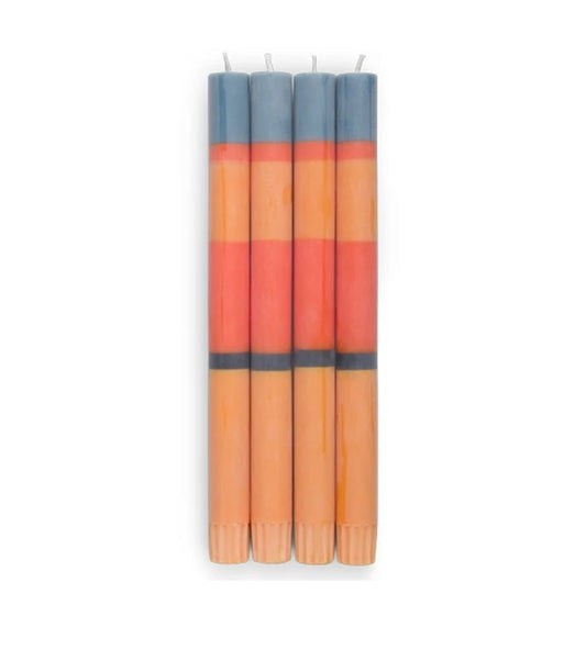 Striped Indigo, Orange, Saffron & Pompadour Eco Dinner Candles, 4 per pack