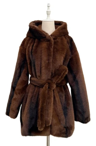 Brown Faux Fur Hooded Belted wrap Coat