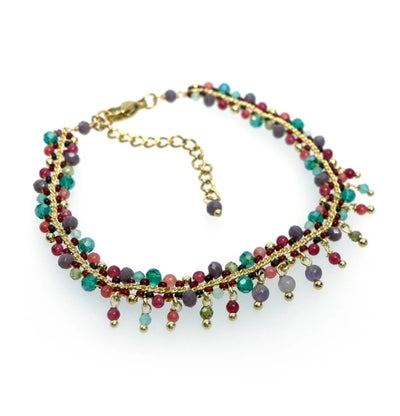Handcrafted Gemstone Bracelet with 18K Gold Plating, Dark Pink