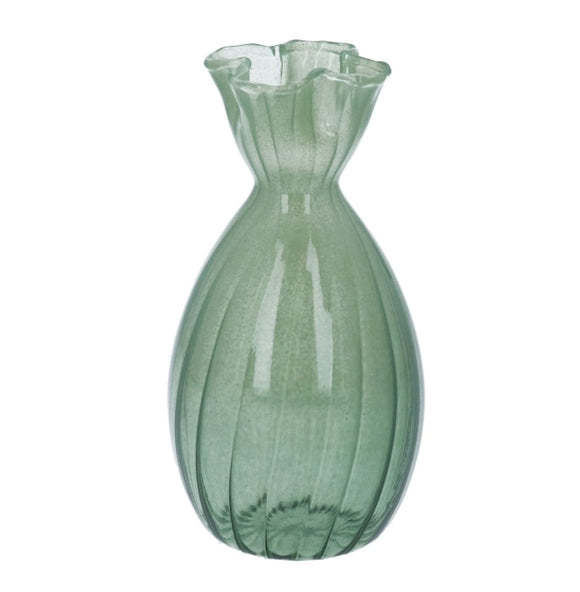Glass Vase 13.5cm - Green Frill Top Tall Bud