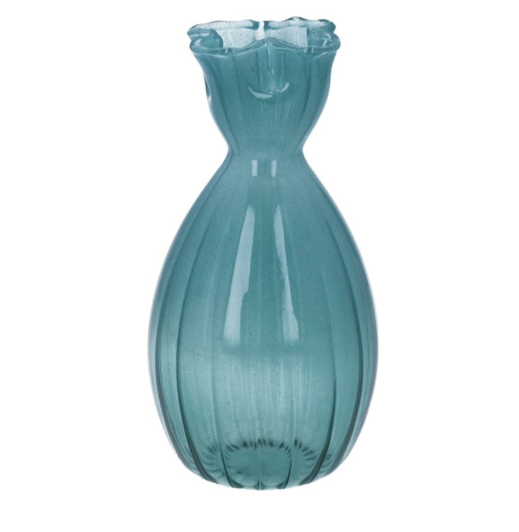 Glass Vase 13.5cm - Petrol Blue Frill Top Tall Bud