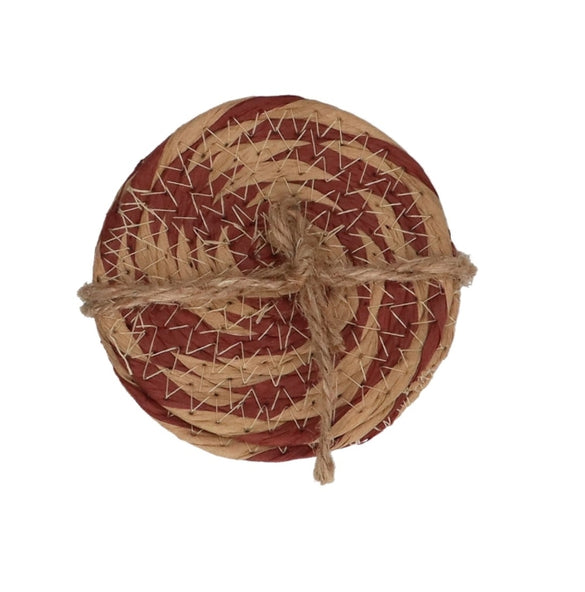 Pack/4 Rope Coaster 10cm - Natural/Burgundy Round