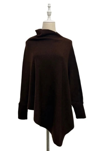 Dark Coffee Cuffed Wool Poncho