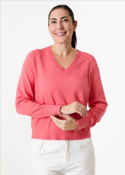 Cashmere Like Deep Cuff Fitted v Neck Jumper Coral