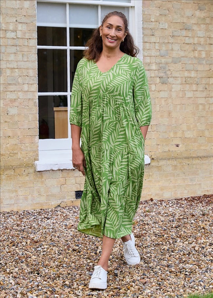 Dotty Tropical Palm Tiered Dress Green