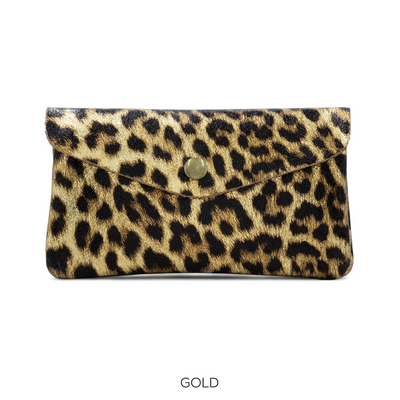 Large Leather Button Purse Animal Print Gold