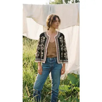 Boho Embroidered Jacket, Suzani Quilted Short Jacket Black