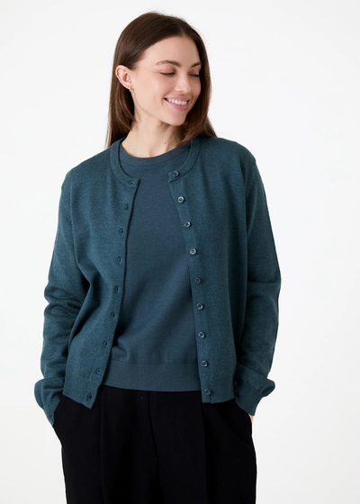 Cashmere Like Crew Neck Crop Cardigan Sea Blue