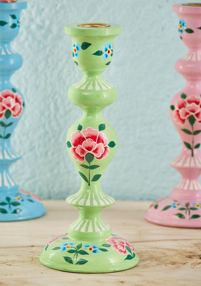 Namaste - Chrysanthemum Extra Large Hand Painted Candlestick: Green